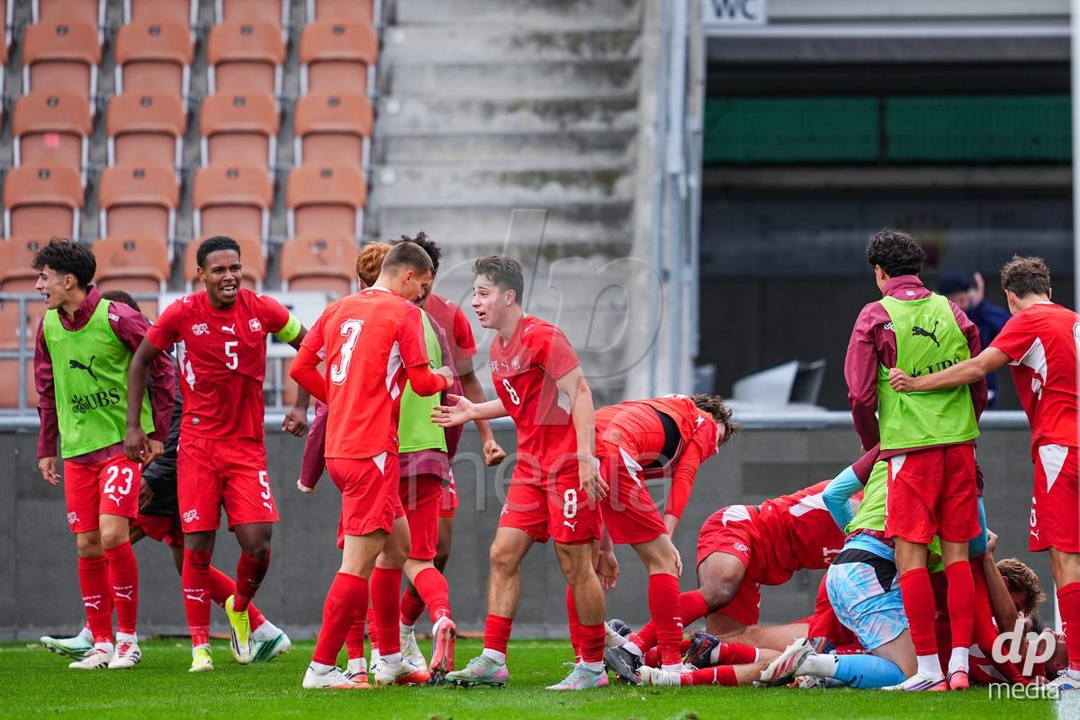 VADUZ, LIECHTENSTEIN - OCTOBER 18: Niko Cavka of Switzerland celebrates scoring the second team goal during the UEFA European Under-17 Qualifier match between Switzerland and Spain at Rheinpark Stadion on October 18, 2026 in Vaduz, Liechtenstein.