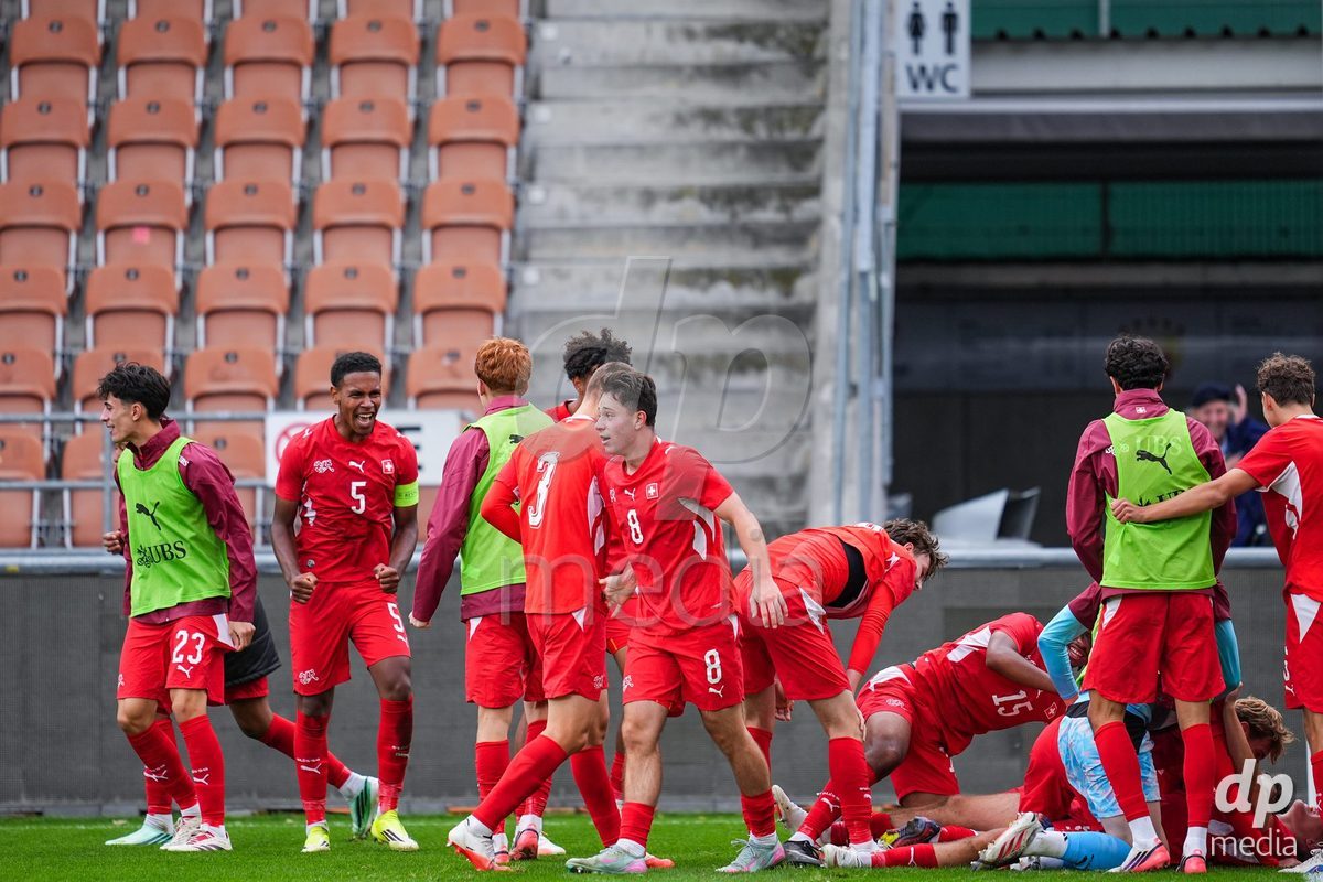 VADUZ, LIECHTENSTEIN - OCTOBER 18: Niko Cavka of Switzerland celebrates scoring the second team goal during the UEFA European Under-17 Qualifier match between Switzerland and Spain at Rheinpark Stadion on October 18, 2026 in Vaduz, Liechtenstein.