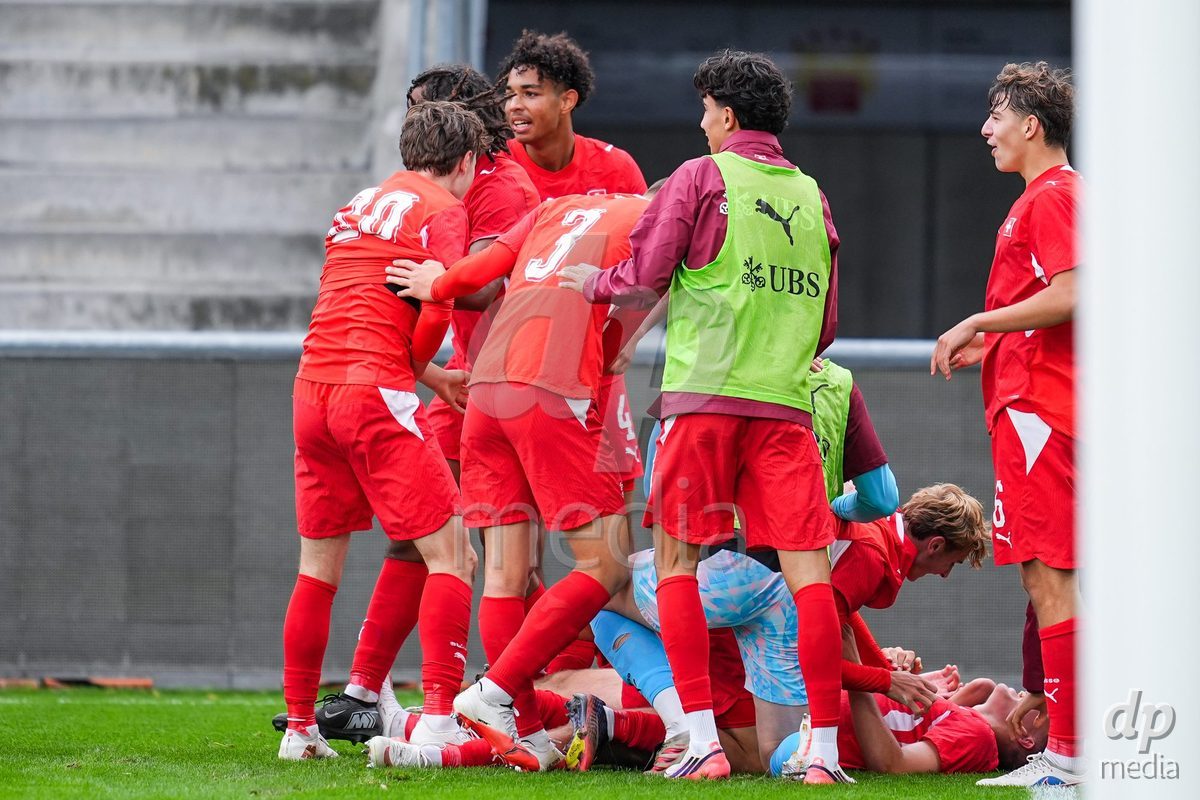 VADUZ, LIECHTENSTEIN - OCTOBER 18: Niko Cavka of Switzerland celebrates scoring the second team goal during the UEFA European Under-17 Qualifier match between Switzerland and Spain at Rheinpark Stadion on October 18, 2026 in Vaduz, Liechtenstein.