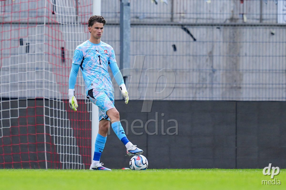 VADUZ, LIECHTENSTEIN - OCTOBER 18: Yanis Emch of Switzerland controls the ball during the UEFA European Under-17 Qualifier match between Switzerland and Spain at Rheinpark Stadion on October 18, 2026 in Vaduz, Liechtenstein.