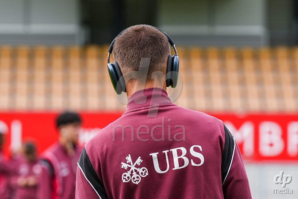 VADUZ, LIECHTENSTEIN - OCTOBER 18: UBS sponsor of Switzerland printed on the jacket during the UEFA European Under-17 Qualifier match between Switzerland and Spain at Rheinpark Stadion on October 18, 2026 in Vaduz, Liechtenstein.