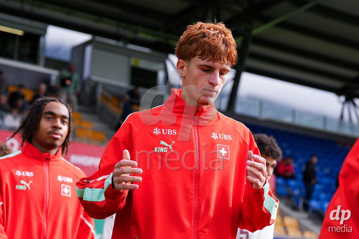 VADUZ, LIECHTENSTEIN - OCTOBER 18: Eron Kele of Switzerland enters for the natioanl anthem prior to the UEFA European Under-17 Qualifier match between Switzerland and Spain at Rheinpark Stadion on October 18, 2026 in Vaduz, Liechtenstein.