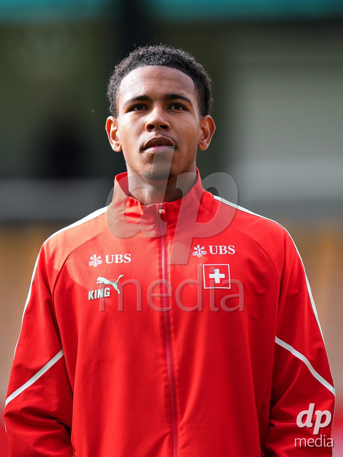 VADUZ, LIECHTENSTEIN - OCTOBER 18: Portrait (headshot/close up) of Noah Kakor of Switzerland during the national anthem prior to the UEFA European Under-17 Qualifier match between Switzerland and Spain at Rheinpark Stadion on October 18, 2026 in Vaduz, Liechtenstein.