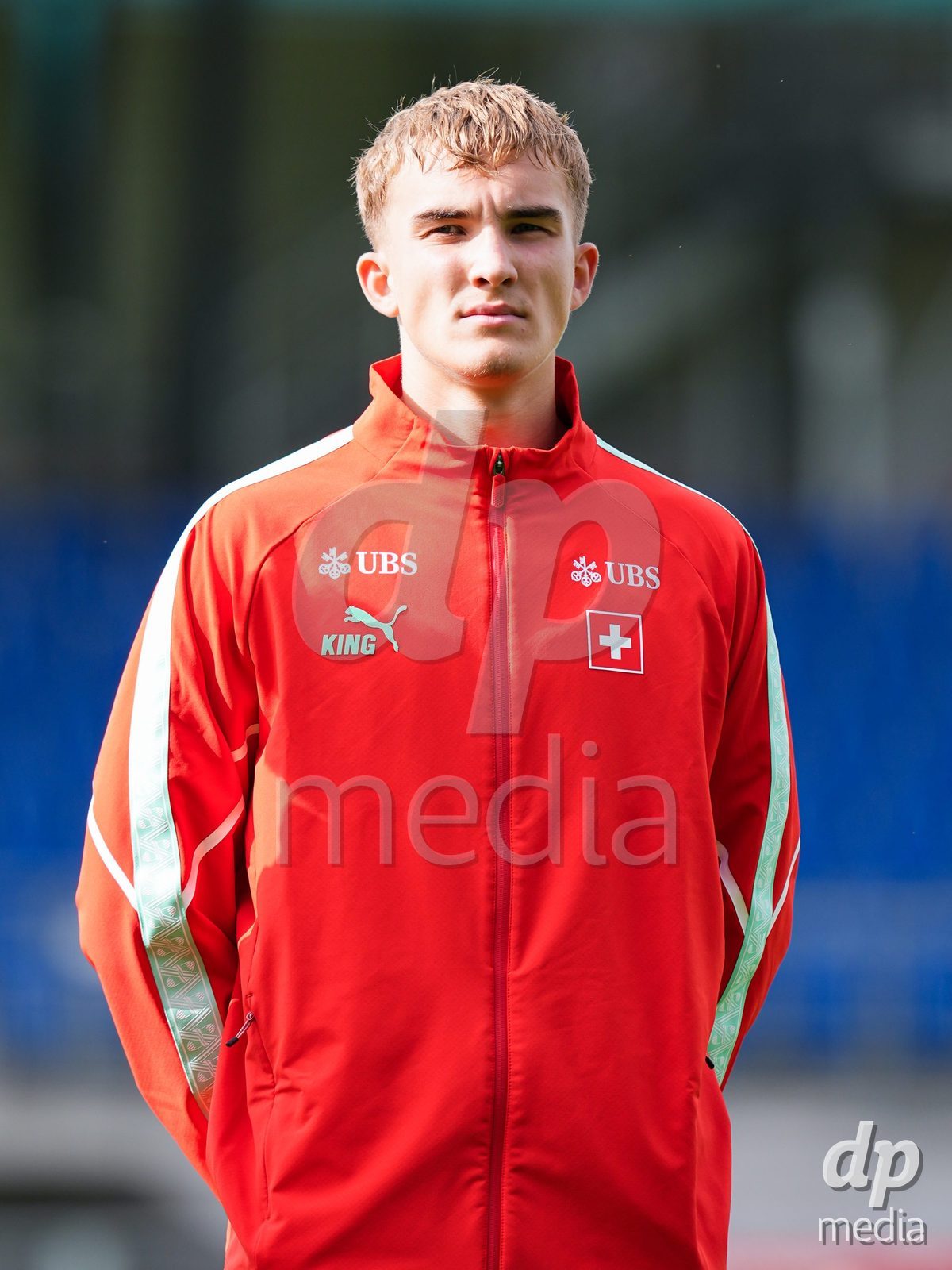 VADUZ, LIECHTENSTEIN - OCTOBER 18: Portrait (headshot/close up) of Niko Cavka of Switzerland during the national anthem prior to the UEFA European Under-17 Qualifier match between Switzerland and Spain at Rheinpark Stadion on October 18, 2026 in Vaduz, Liechtenstein.