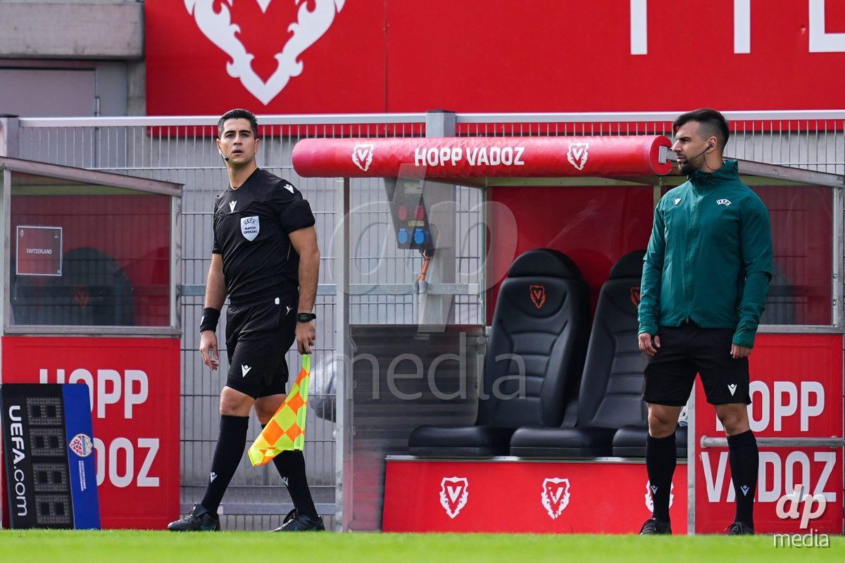 VADUZ, LIECHTENSTEIN - OCTOBER 18: Referee Polydoros Christodoulou (CYP) gestures during the UEFA European Under-17 Qualifier match between Switzerland and Spain at Rheinpark Stadion on October 18, 2026 in Vaduz, Liechtenstein.
