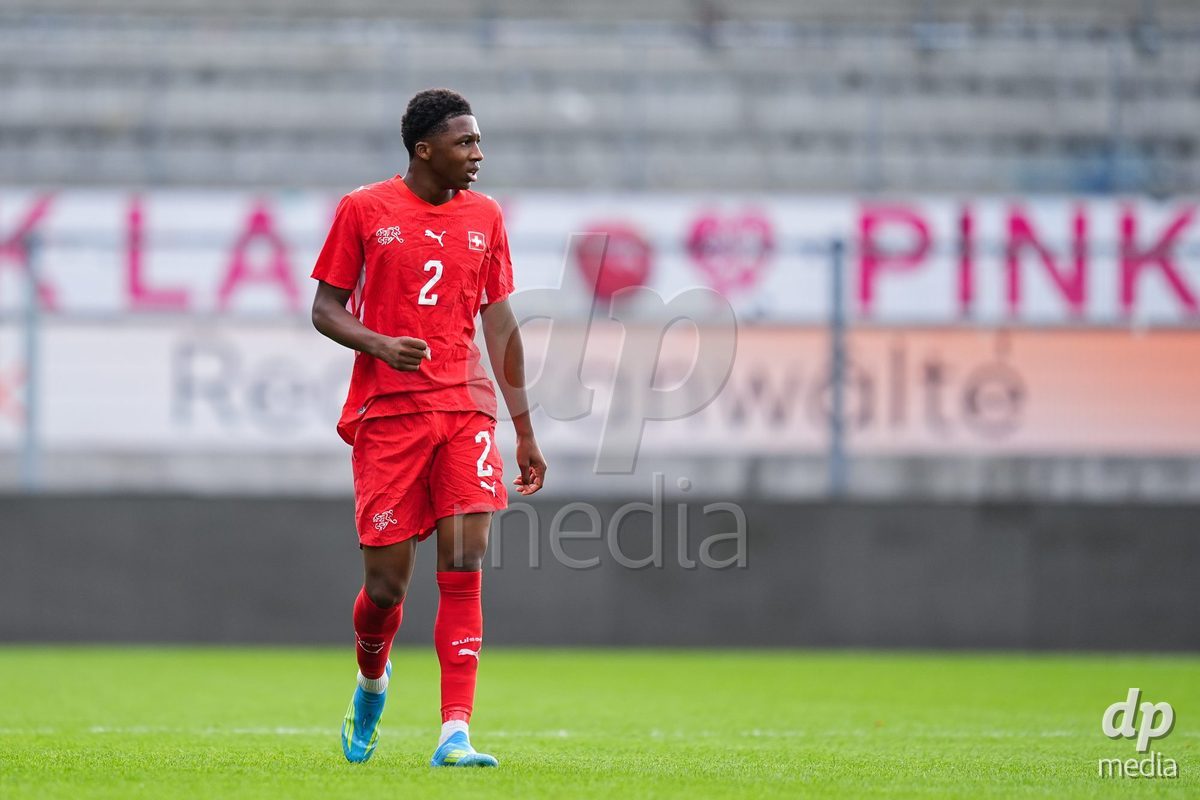 VADUZ, LIECHTENSTEIN - OCTOBER 18: Darren Okoh of Switzerland looks on during the UEFA European Under-17 Qualifier match between Switzerland and Spain at Rheinpark Stadion on October 18, 2026 in Vaduz, Liechtenstein.
