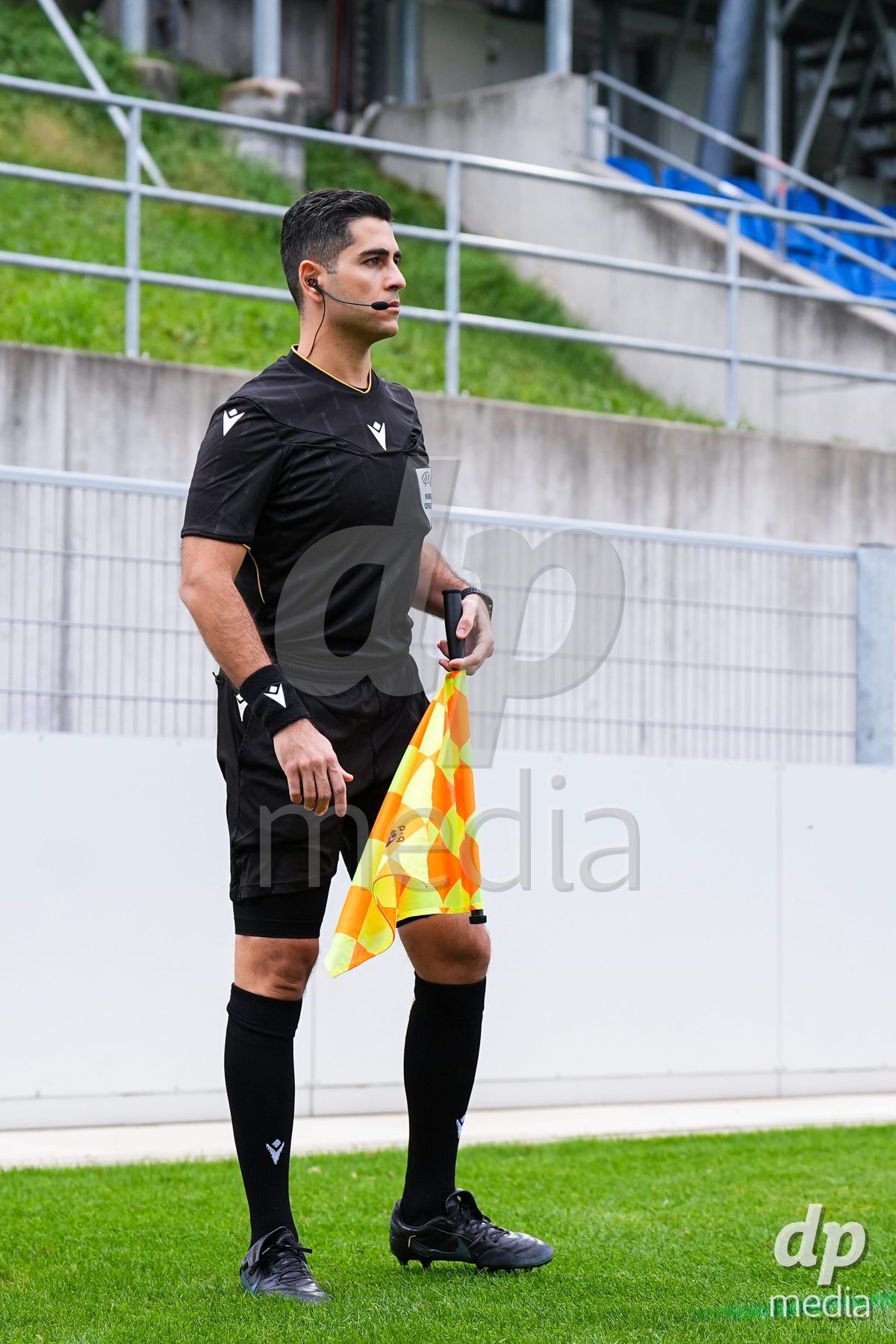 VADUZ, LIECHTENSTEIN - OCTOBER 18: Referee Polydoros Christodoulou (CYP) looks on during the UEFA European Under-17 Qualifier match between Switzerland and Spain at Rheinpark Stadion on October 18, 2026 in Vaduz, Liechtenstein.