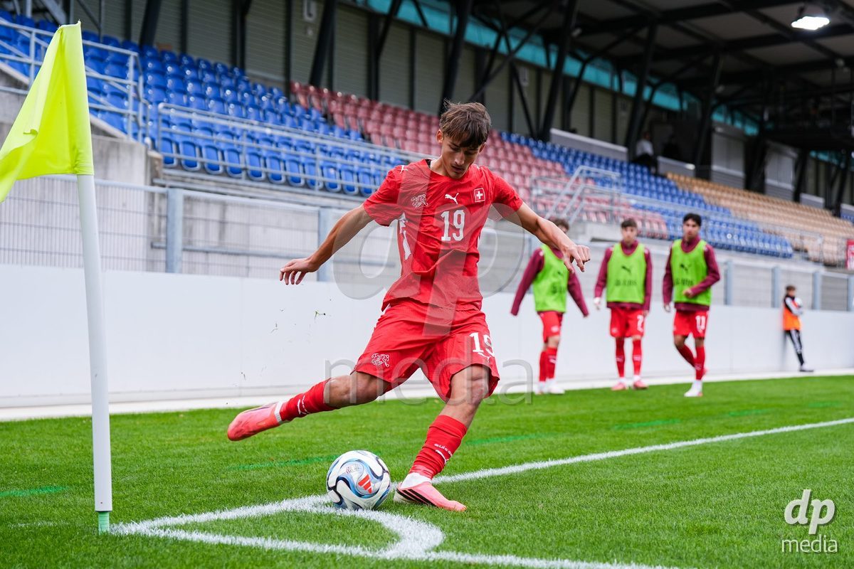 VADUZ, LIECHTENSTEIN - OCTOBER 18: Eron Dreshaj of Switzerland shoots the ball during the UEFA European Under-17 Qualifier match between Switzerland and Spain at Rheinpark Stadion on October 18, 2026 in Vaduz, Liechtenstein.