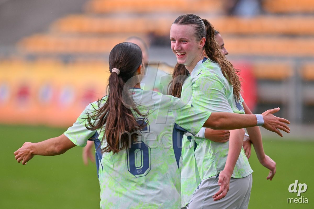 MOUSCRON, BELGIUM - OCTOBER 22: Jenny Reuter (9) of Switzerland celebrates after scoring the 2-2 equalizer goal during the International Women's Friendly match between Belgium U16 and Switzerland U16 at Le Cannonier on October 22, 2026 in Mouscron, Belgium.