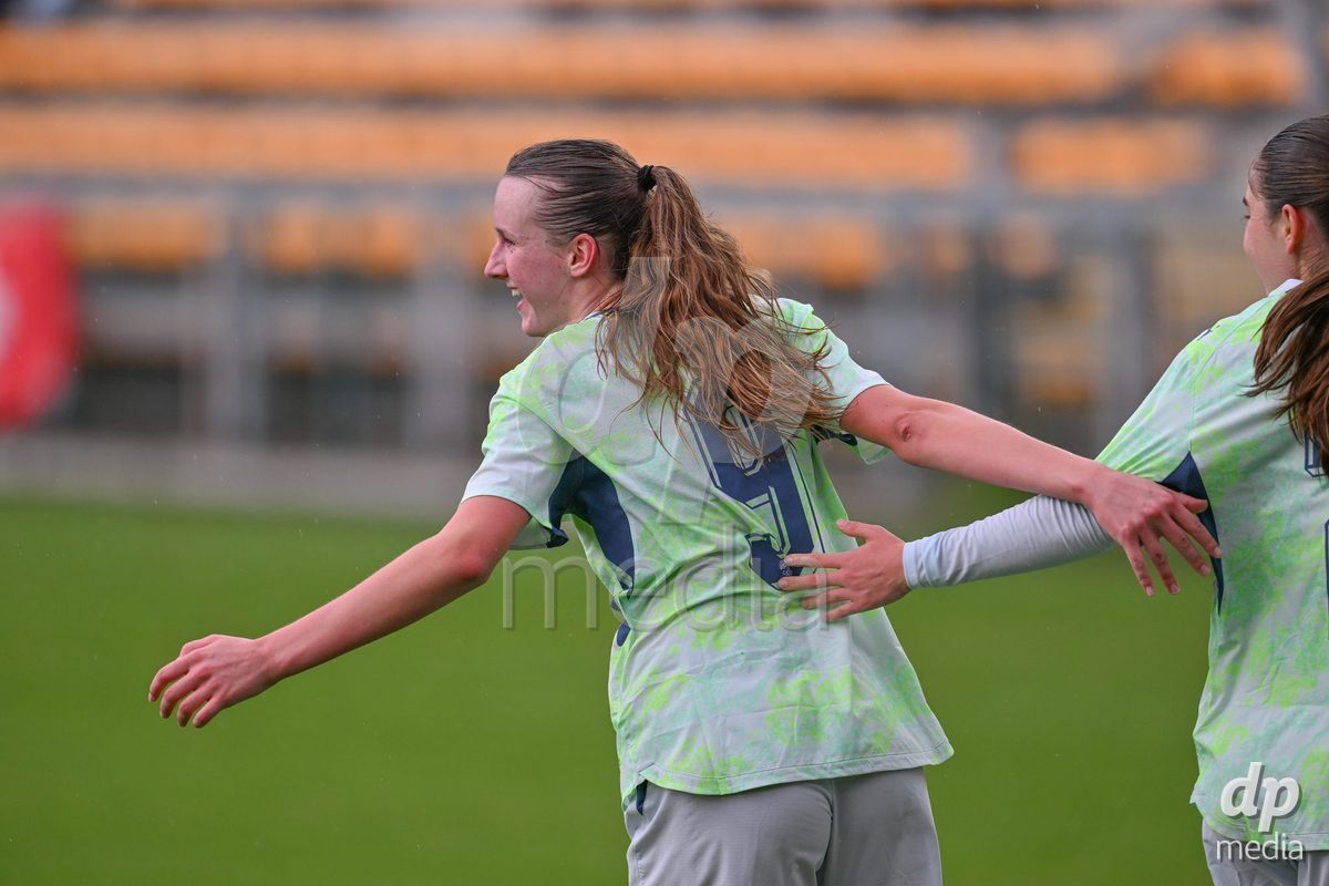 MOUSCRON, BELGIUM - OCTOBER 22: Jenny Reuter (9) of Switzerland celebrates after scoring the 2-2 equalizer goal during the International Women's Friendly match between Belgium U16 and Switzerland U16 at Le Cannonier on October 22, 2026 in Mouscron, Belgium.