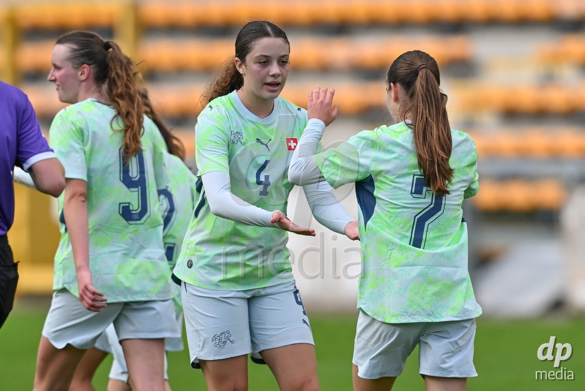 MOUSCRON, BELGIUM - OCTOBER 22: Mia Seitz (7) of Switzerland celebrates with Kyra Fahmy (4) of Switzerland after scoring the 3-3 equalizer goal during the International Women's Friendly match between Belgium U16 and Switzerland U16 at Le Cannonier on October 22, 2026 in Mouscron, Belgium.
