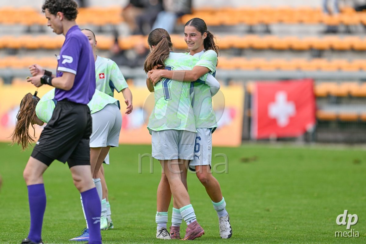 MOUSCRON, BELGIUM - OCTOBER 22: Mia Seitz (7) of Switzerland celebrates with Annabelle Schurer (6) of Switzerland after scoring the 3-3 equalizer goal during the International Women's Friendly match between Belgium U16 and Switzerland U16 at Le Cannonier on October 22, 2026 in Mouscron, Belgium.