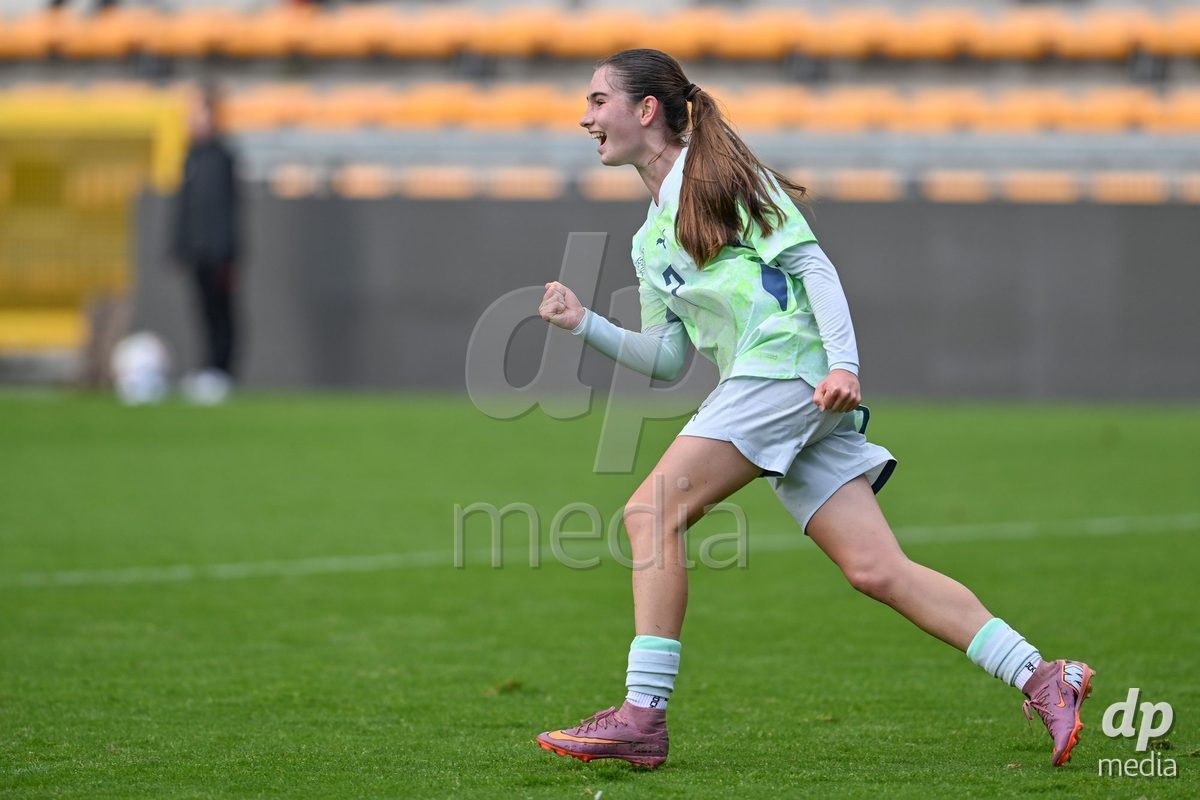 MOUSCRON, BELGIUM - OCTOBER 22: Mia Seitz (7) of Switzerland celebrates after scoring the 3-3 equalizer goal during the International Women's Friendly match between Belgium U16 and Switzerland U16 at Le Cannonier on October 22, 2026 in Mouscron, Belgium.