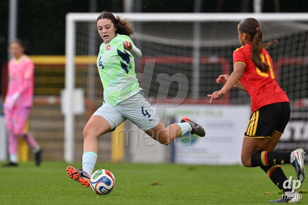MOUSCRON, BELGIUM - OCTOBER 22: Kyra Fahmy (4) of Switzerland pictured during the International Women's Friendly match between Belgium U16 and Switzerland U16 at Le Cannonier on October 22, 2026 in Mouscron, Belgium.