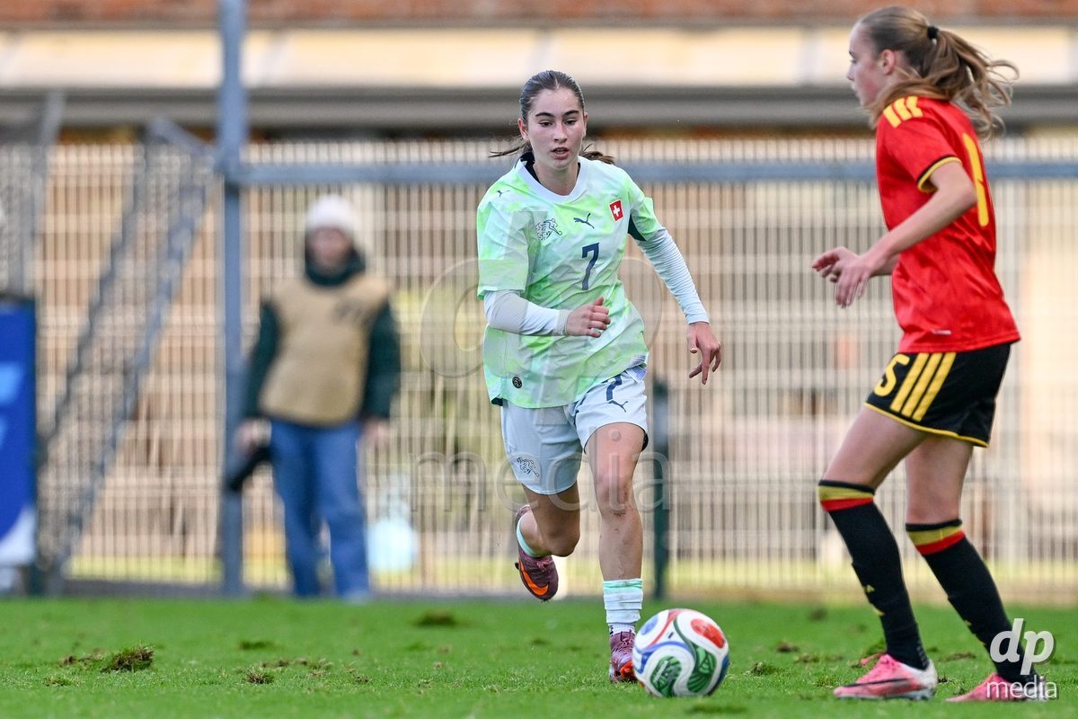 MOUSCRON, BELGIUM - OCTOBER 22: Mia Seitz (7) of Switzerland pictured during the International Women's Friendly match between Belgium U16 and Switzerland U16 at Le Cannonier on October 22, 2026 in Mouscron, Belgium.