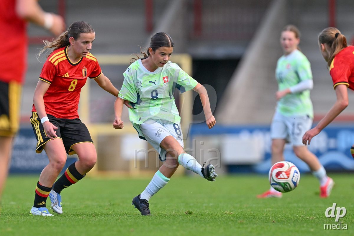 MOUSCRON, BELGIUM - OCTOBER 22: Sara Prieto Calvino (8) of Belgium defending on Tanja Zahler (8) of Switzerland  during the International Women's Friendly match between Belgium U16 and Switzerland U16 at Le Cannonier on October 22, 2026 in Mouscron, Belgium.
