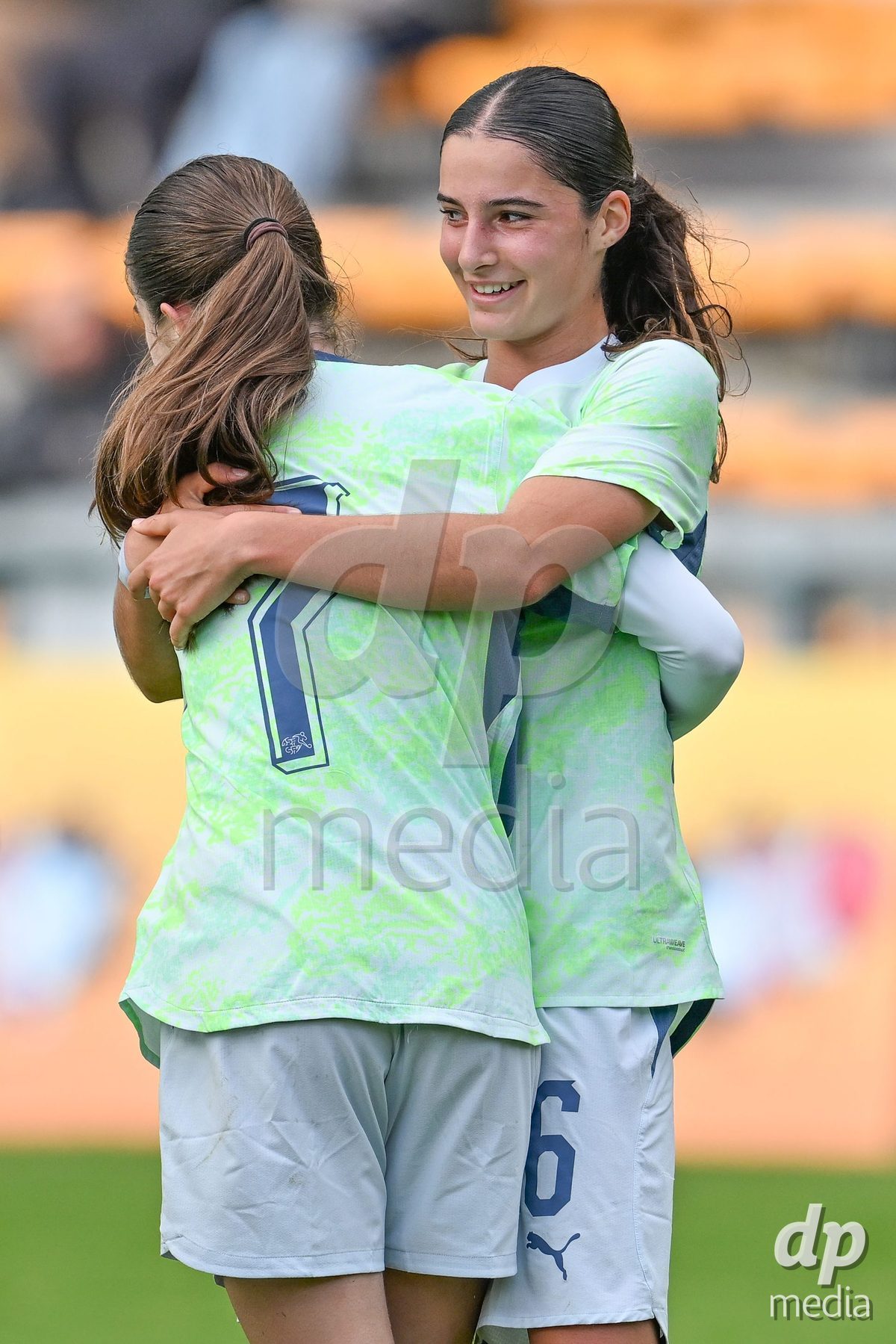 MOUSCRON, BELGIUM - OCTOBER 22: Mia Seitz (7) of Switzerland celebrates with Annabelle Schurer (6) of Switzerland after scoring the 3-3 equalizer goal during the International Women's Friendly match between Belgium U16 and Switzerland U16 at Le Cannonier on October 22, 2026 in Mouscron, Belgium.