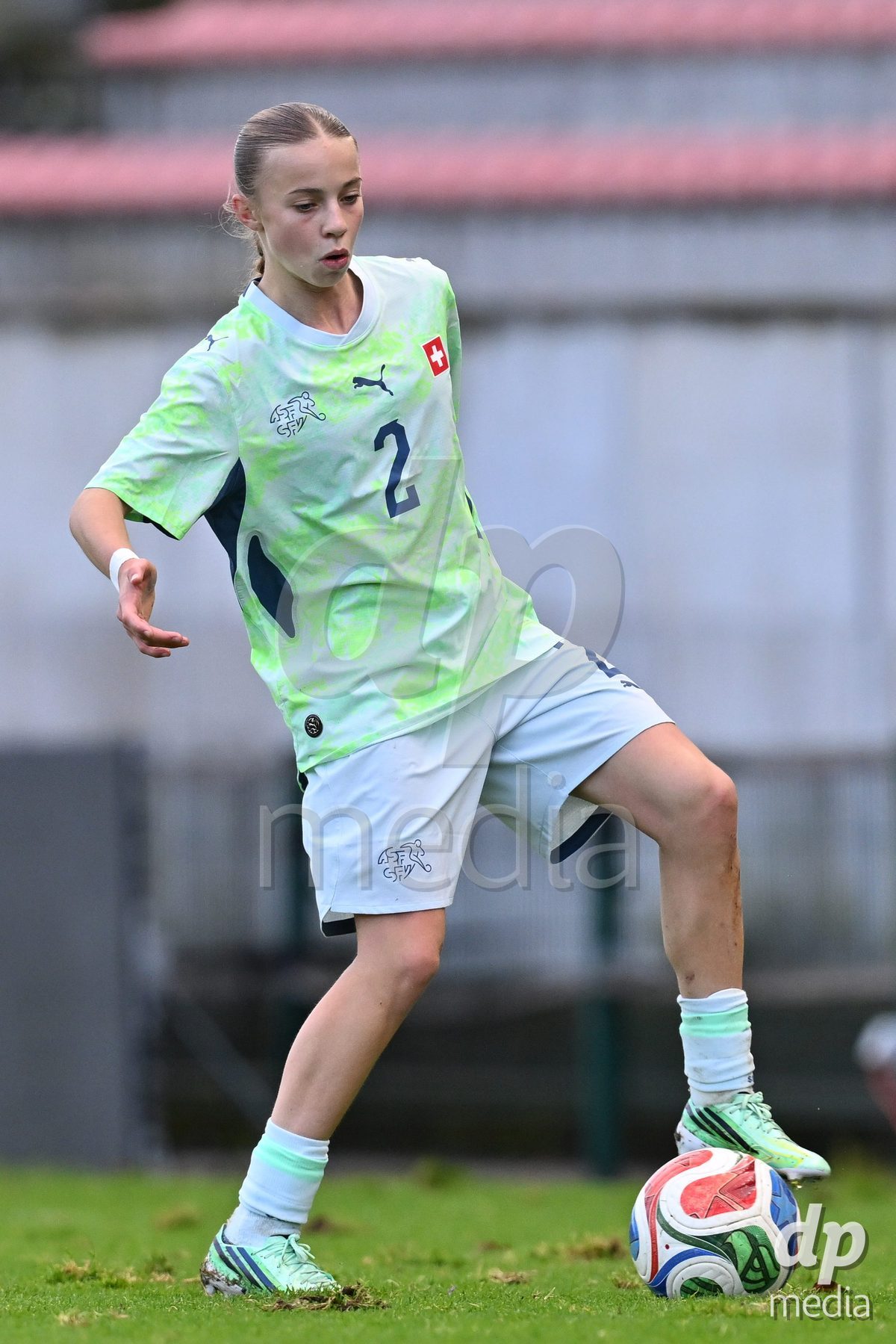 MOUSCRON, BELGIUM - OCTOBER 22: Elena Schlatter (2) of Switzerland pictured during the International Women's Friendly match between Belgium U16 and Switzerland U16 at Le Cannonier on October 22, 2026 in Mouscron, Belgium.