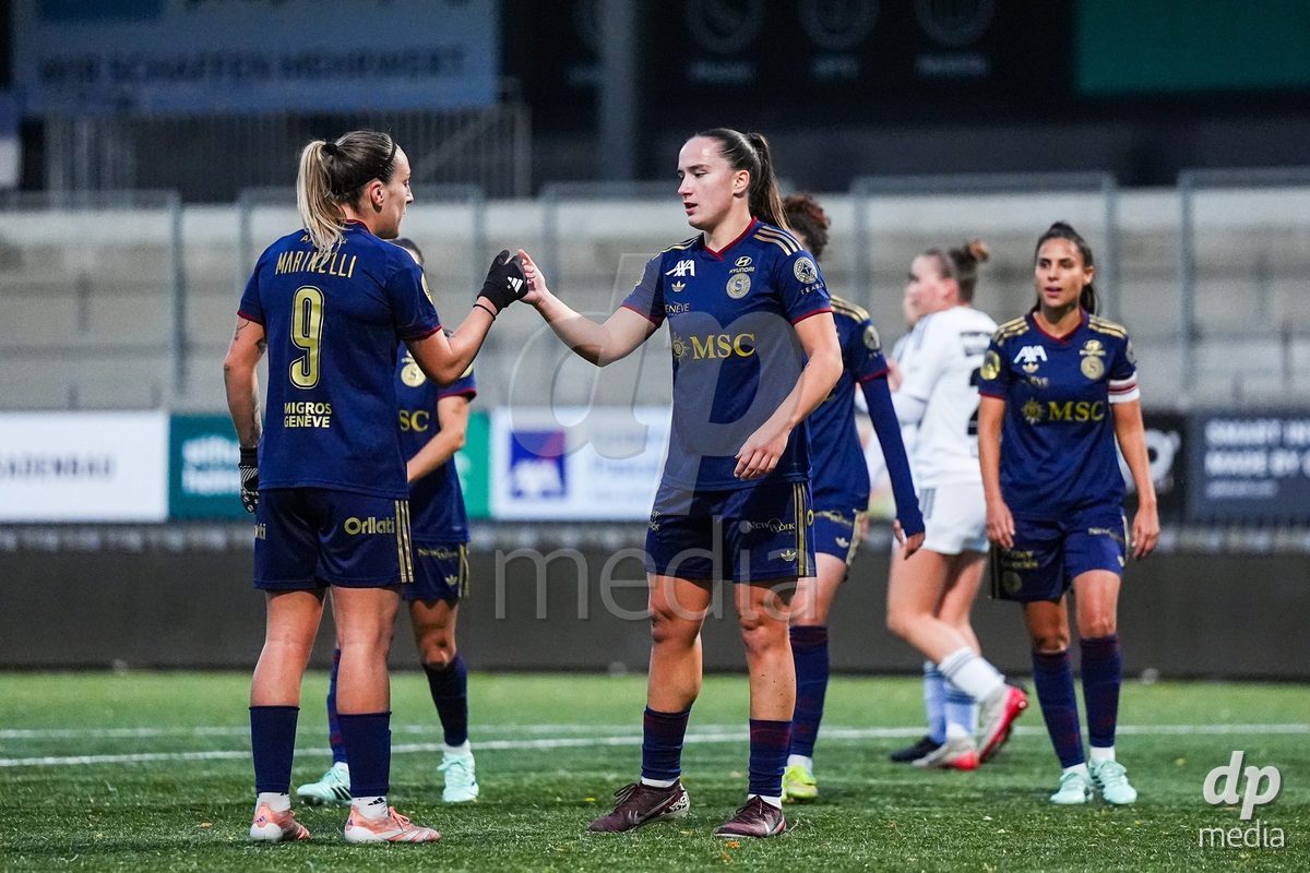 WIL, SWITZERLAND - OCTOBER 24: Magdalena Sobal of Servette FC Chenois Feminin celebrates with teammates after scoring her teams first goal  during the AXA Women's Cup match between FC Wil 1900 and Servette FC Chenois Feminin at Lidl Sportpark on October 24, 2026 in Wil, Switzerland.
