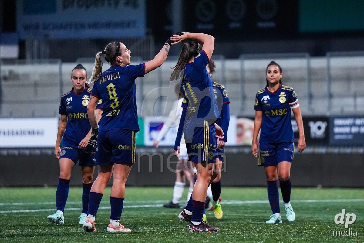 WIL, SWITZERLAND - OCTOBER 24: Magdalena Sobal of Servette FC Chenois Feminin celebrates with teammates after scoring her teams first goal  during the AXA Women's Cup match between FC Wil 1900 and Servette FC Chenois Feminin at Lidl Sportpark on October 24, 2026 in Wil, Switzerland.