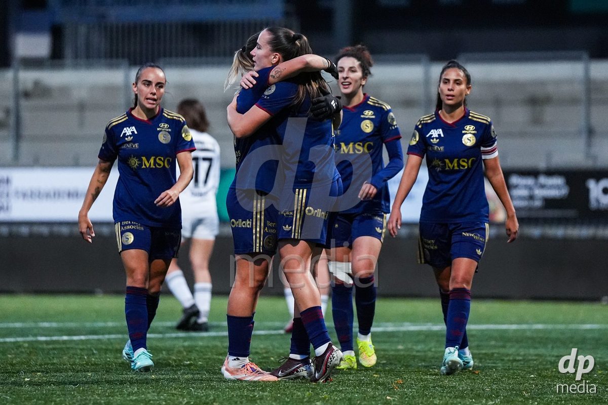 WIL, SWITZERLAND - OCTOBER 24: Magdalena Sobal of Servette FC Chenois Feminin celebrates with teammates after scoring her teams first goal  during the AXA Women's Cup match between FC Wil 1900 and Servette FC Chenois Feminin at Lidl Sportpark on October 24, 2026 in Wil, Switzerland.