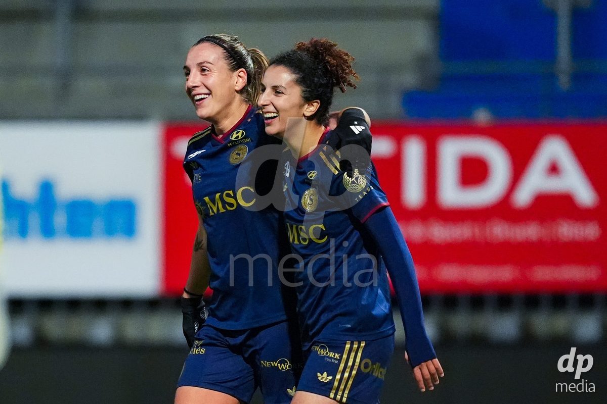 WIL, SWITZERLAND - OCTOBER 24: Ghoutia Karchouni of Servette FC Chenois Feminin celebrates with Gloria Marinelli of Servette FC Chenois Feminin after scoring her teams second goal  during the AXA Women's Cup match between FC Wil 1900 and Servette FC Chenois Feminin at Lidl Sportpark on October 24, 2026 in Wil, Switzerland.