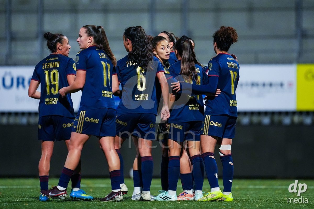 WIL, SWITZERLAND - OCTOBER 24: Ghoutia Karchouni of Servette FC Chenois Feminin celebrates with teammates after scoring her teams second goal  during the AXA Women's Cup match between FC Wil 1900 and Servette FC Chenois Feminin at Lidl Sportpark on October 24, 2026 in Wil, Switzerland.