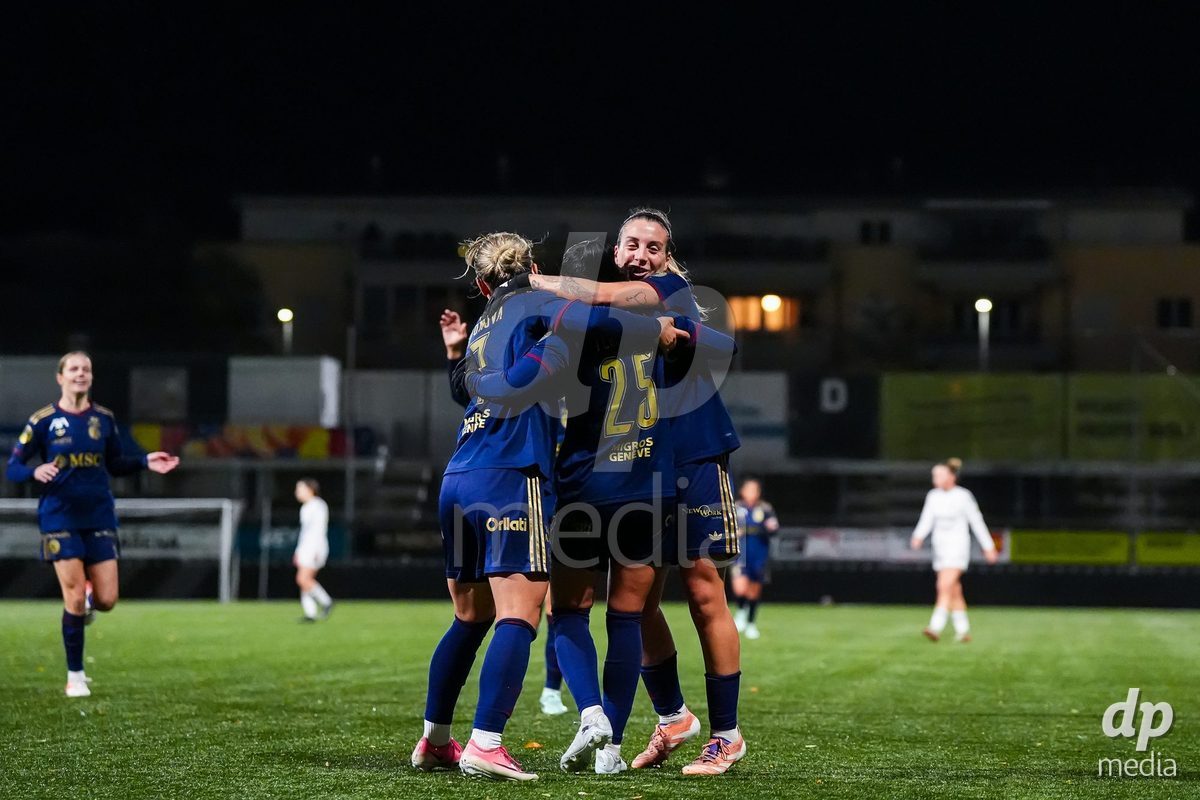 WIL, SWITZERLAND - OCTOBER 24: Meriame Terchoun of Servette FC Chenois Feminin celebrates with teammates after scoring her teams seventh goal during the AXA Women's Cup match between FC Wil 1900 and Servette FC Chenois Feminin at Lidl Sportpark on October 24, 2026 in Wil, Switzerland.