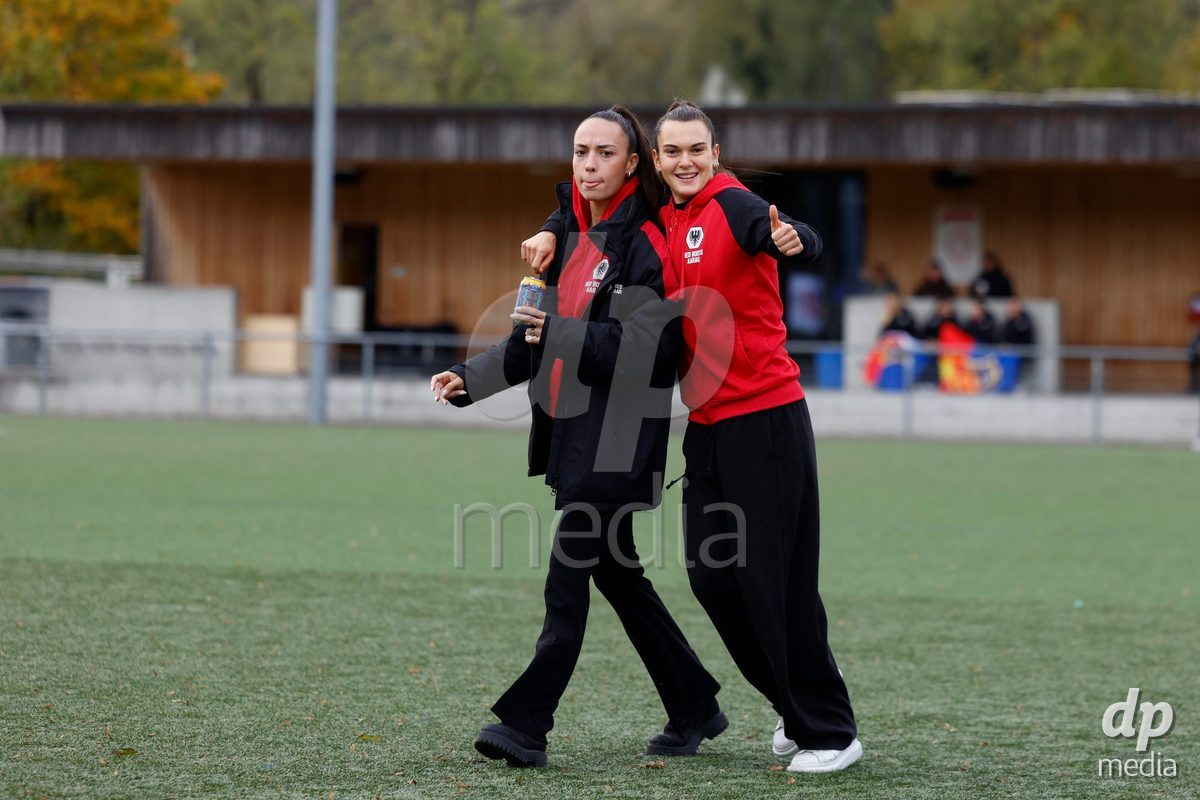 AARAU, SWITZERLAND - OCTOBER 24: Giulia Bison of FC Aarau Frauen and Eriola Delija of FC Aarau Frauen prior the AXA Women's Cup match between FC Aarau Frauen and FC Basel 1893 at Sportanlage Schachen on October 24, 2026 in Aarau, Switzerland.