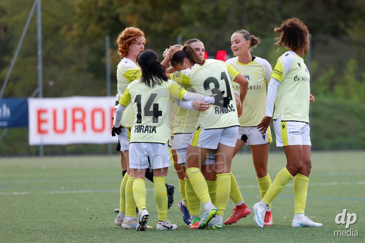 AARAU, SWITZERLAND - OCTOBER 24: Julia Matuschewski of FC Basel 1893 celebrating the the Team of FC Basel 1893 after scoring the first equalizer during the AXA Women's Cup match between FC Aarau Frauen and FC Basel 1893 at Sportanlage Schachen on October 24, 2026 in Aarau, Switzerland.