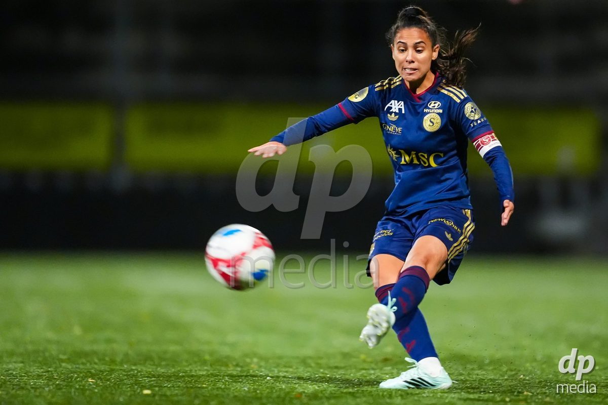 WIL, SWITZERLAND - OCTOBER 24: Daina Bourma of Servette FC Chenois Feminin shoots the ball during the AXA Women's Cup match between FC Wil 1900 and Servette FC Chenois Feminin at Lidl Sportpark on October 24, 2026 in Wil, Switzerland.