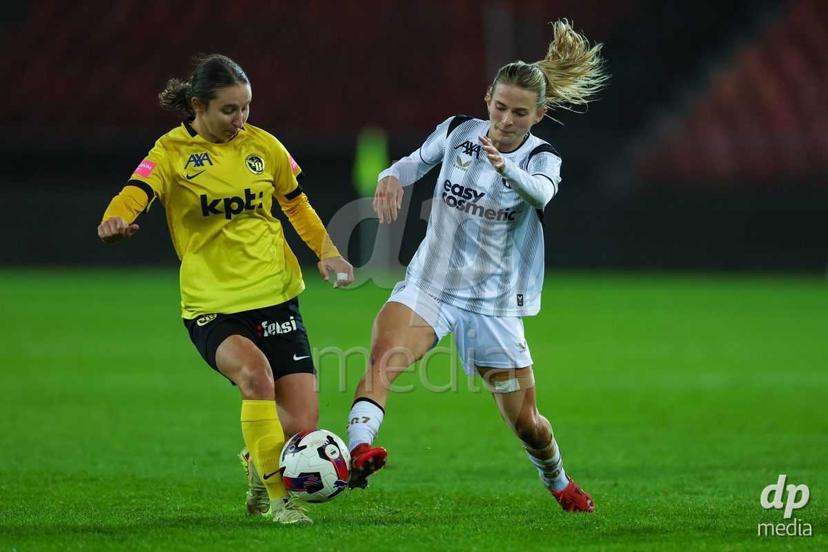 ZURICH, SWITZERLAND - OCTOBER 24: Malaurie Granges from the BSC YB Frauen (L) and Kim Dubs from the FC Zürich Frauen during the AXA Women's Cup match between FC Zurich and BSC YB Frauen at Letzigrund on October 24, 2026 in Zurich, Switzerland.