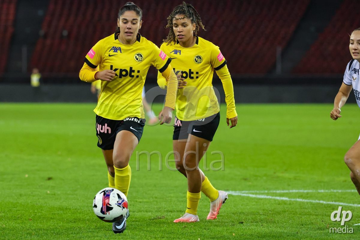 ZURICH, SWITZERLAND - OCTOBER 24: Laura Frey from the BSC YB Frauen (L) and Josephine Bonsu from the BSC YB Frauen during the AXA Women's Cup match between FC Zurich and BSC YB Frauen at Letzigrund on October 24, 2026 in Zurich, Switzerland.