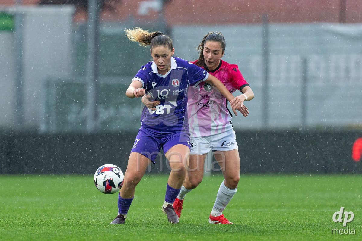 YVERDON-LES-BAINS, SWITZERLAND - OCTOBER 18: Audrey Remy of Yverdon Sport Women battles for the ball during the AXA Women's Super League match between FC Yverdon Women and FC Rapperswil-Jona at Stade Municipal on October 18, 2026 in Yverdon-les-Bains, Switzerland.
