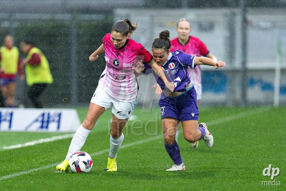 YVERDON-LES-BAINS, SWITZERLAND - OCTOBER 18: Sandrine Gaillard Mauron of Yverdon Sport Women challenges for the ball during the AXA Women's Super League match between FC Yverdon Women and FC Rapperswil-Jona at Stade Municipal on October 18, 2026 in Yverdon-les-Bains, Switzerland.