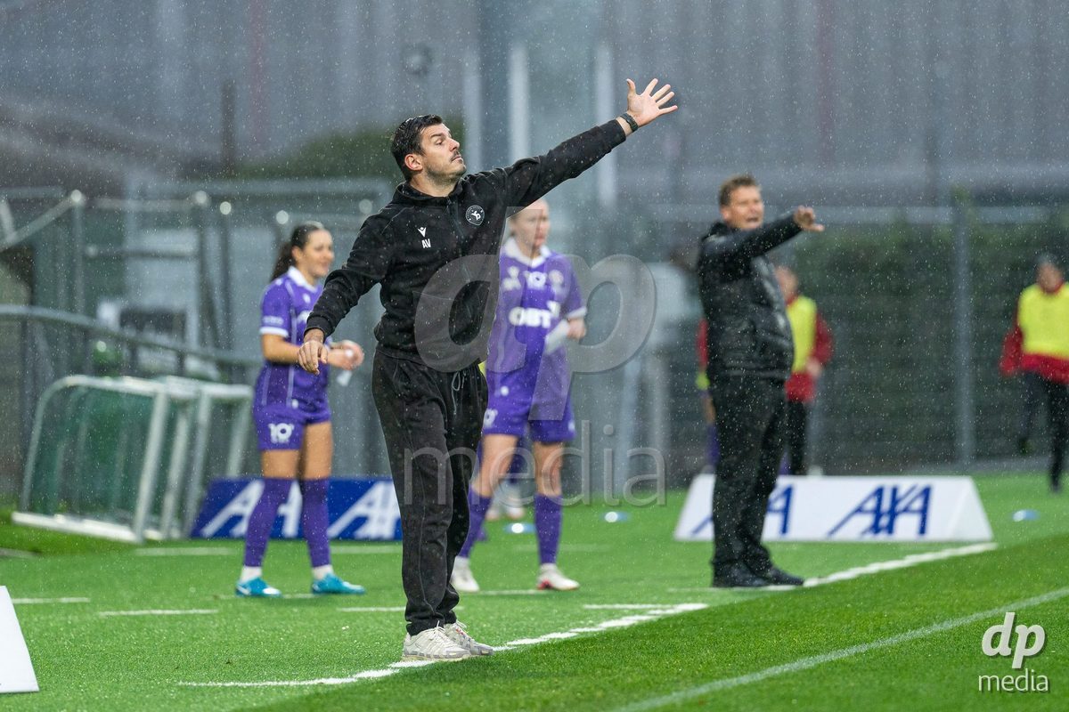 YVERDON-LES-BAINS, SWITZERLAND - OCTOBER 18: Arnaud Vialatte, Yverdon Sport Women's head coach in action during the AXA Women's Super League match between FC Yverdon Women and FC Rapperswil-Jona at Stade Municipal on October 18, 2026 in Yverdon-les-Bains, Switzerland.