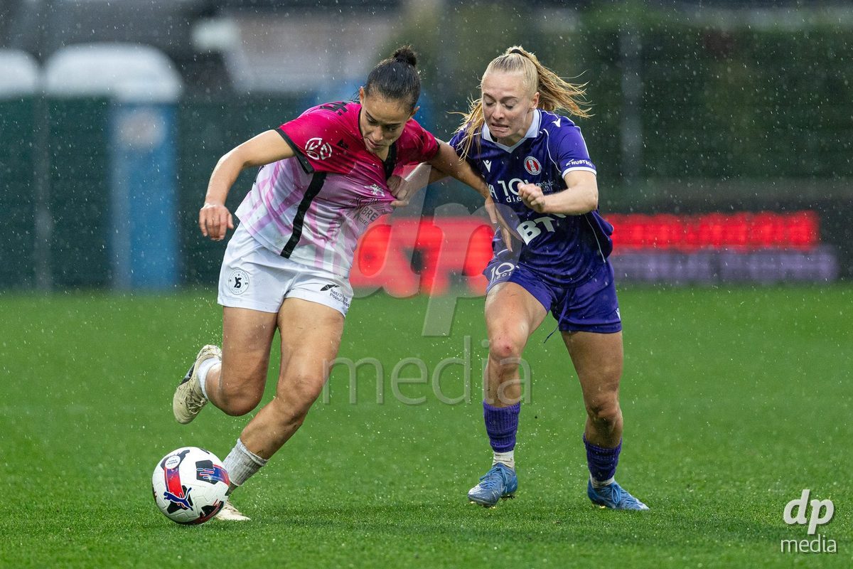 YVERDON-LES-BAINS, SWITZERLAND - OCTOBER 18: Ines Khiri of Yverdon Sport Women battles for the ball during the AXA Women's Super League match between FC Yverdon Women and FC Rapperswil-Jona at Stade Municipal on October 18, 2026 in Yverdon-les-Bains, Switzerland.