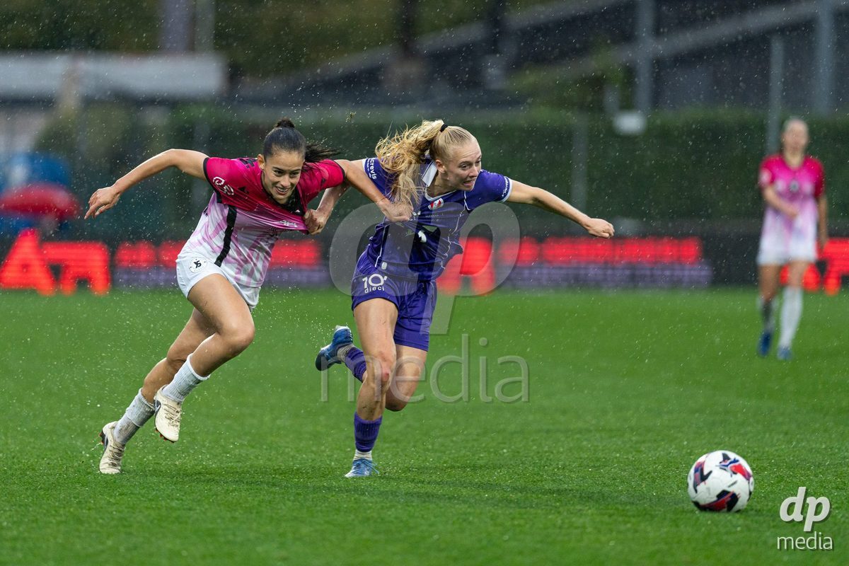 YVERDON-LES-BAINS, SWITZERLAND - OCTOBER 18: Ines Khiri of Yverdon Sport Women battles for the ball during the AXA Women's Super League match between FC Yverdon Women and FC Rapperswil-Jona at Stade Municipal on October 18, 2026 in Yverdon-les-Bains, Switzerland.