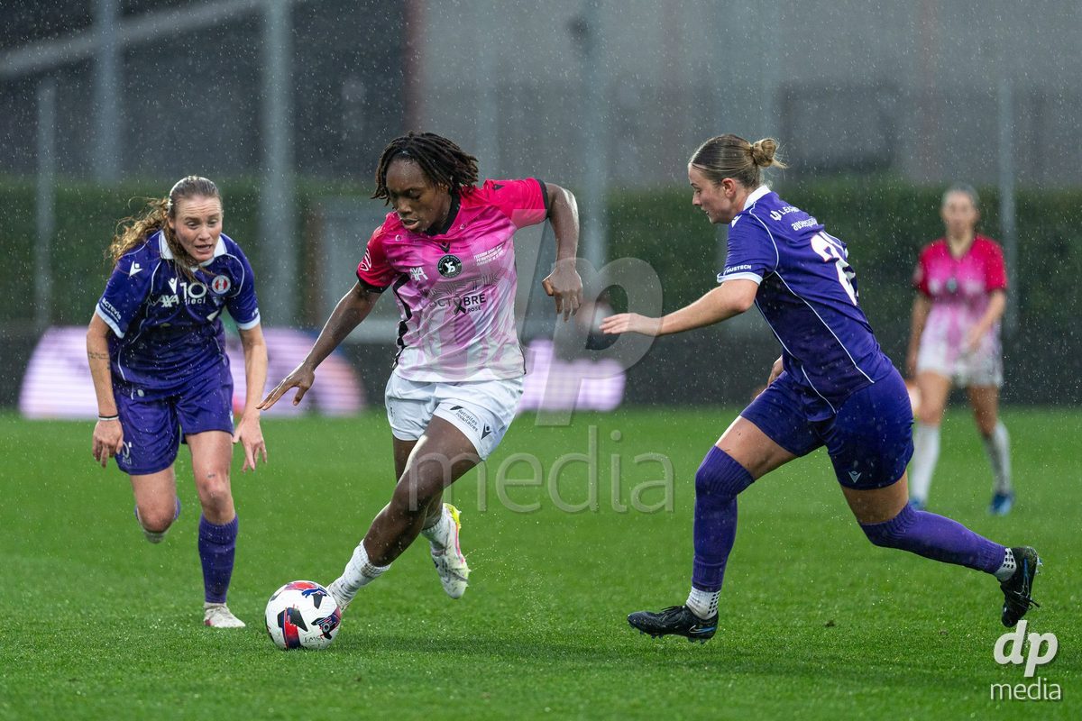 YVERDON-LES-BAINS, SWITZERLAND - OCTOBER 18: Maeva Sogan of Yverdon Sport Women dribbles during the AXA Women's Super League match between FC Yverdon Women and FC Rapperswil-Jona at Stade Municipal on October 18, 2026 in Yverdon-les-Bains, Switzerland.