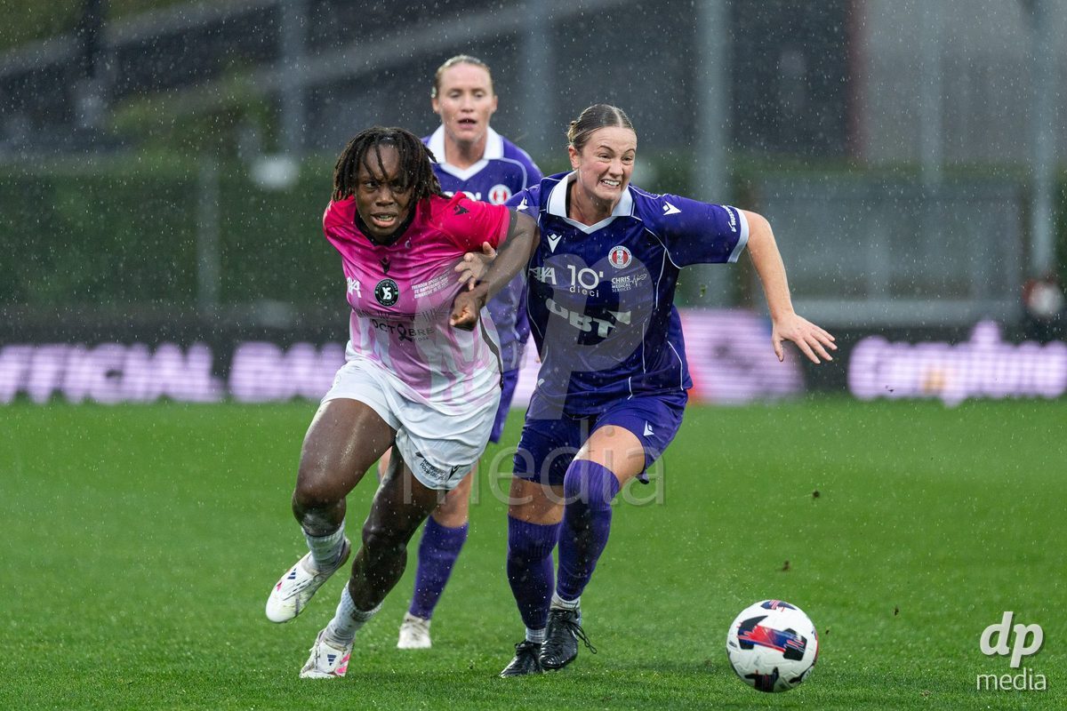 YVERDON-LES-BAINS, SWITZERLAND - OCTOBER 18: Maeva Sogan of Yverdon Sport Women battles for the ball during the AXA Women's Super League match between FC Yverdon Women and FC Rapperswil-Jona at Stade Municipal on October 18, 2026 in Yverdon-les-Bains, Switzerland.