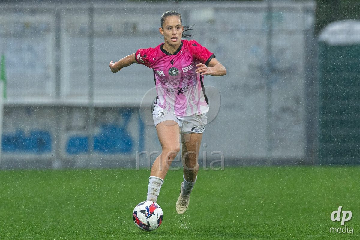YVERDON-LES-BAINS, SWITZERLAND - OCTOBER 18: Ines Khiri of Yverdon Sport Women drives the ball during the AXA Women's Super League match between FC Yverdon Women and FC Rapperswil-Jona at Stade Municipal on October 18, 2026 in Yverdon-les-Bains, Switzerland.
