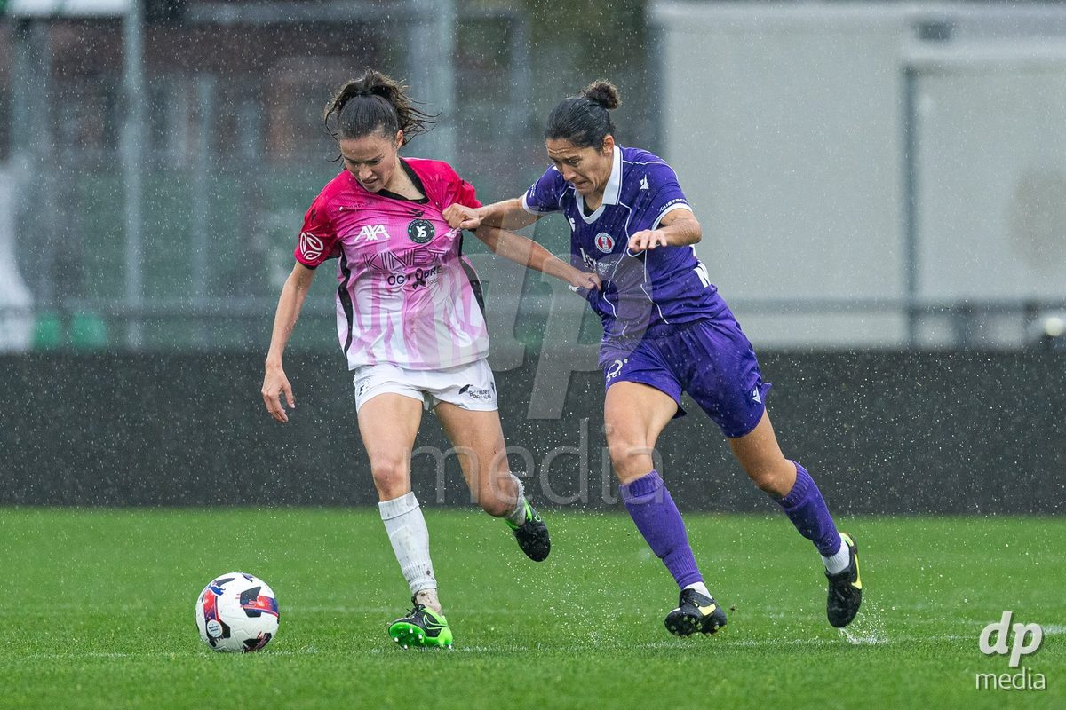 YVERDON-LES-BAINS, SWITZERLAND - OCTOBER 18: Chloé Marie Anne Le Franc of Yverdon Sport Women battles for the ball during the AXA Women's Super League match between FC Yverdon Women and FC Rapperswil-Jona at Stade Municipal on October 18, 2026 in Yverdon-les-Bains, Switzerland.