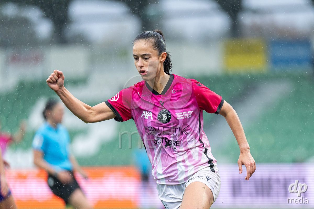 YVERDON-LES-BAINS, SWITZERLAND - OCTOBER 18: Ines Khiri of Yverdon Sport Women celebrates the goal during the AXA Women's Super League match between FC Yverdon Women and FC Rapperswil-Jona at Stade Municipal on October 18, 2026 in Yverdon-les-Bains, Switzerland.
