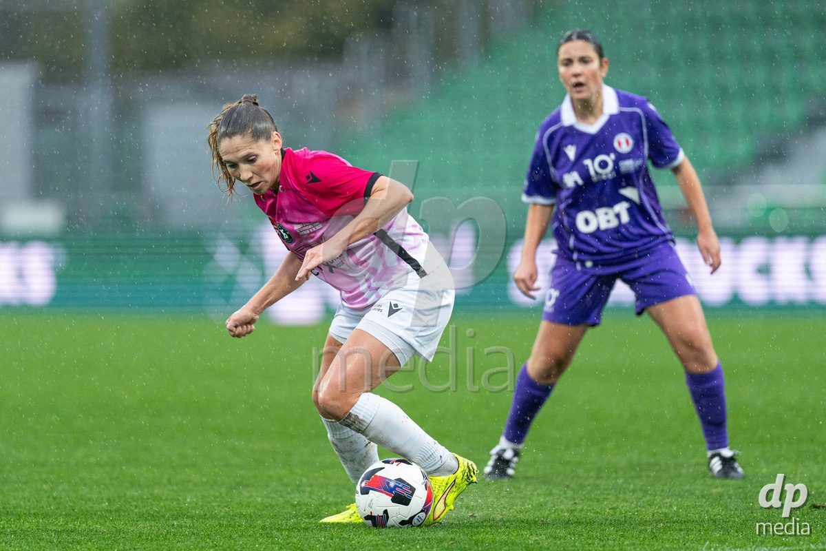 YVERDON-LES-BAINS, SWITZERLAND - OCTOBER 18: Sandrine Gaillard Mauron of Yverdon Sport Women controls the ball during the AXA Women's Super League match between FC Yverdon Women and FC Rapperswil-Jona at Stade Municipal on October 18, 2026 in Yverdon-les-Bains, Switzerland.