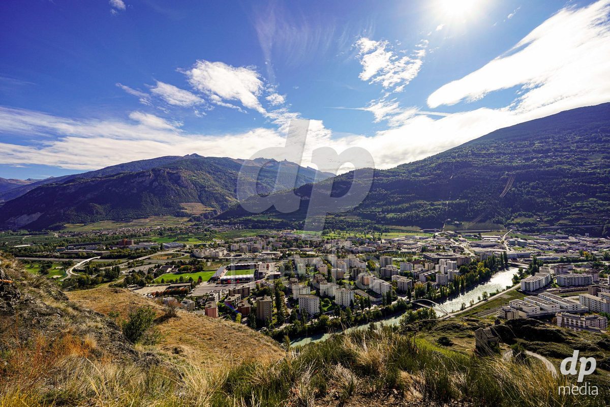 SION, SWITZERLAND - OCTOBER 13: General view with the stadium seen in the distance prior to the FIFA Women´s World Cup European Qualifiers match between Switzerland and Israel at Stade de Tourbillon on October 13, 2026 in Sion, Switzerland.