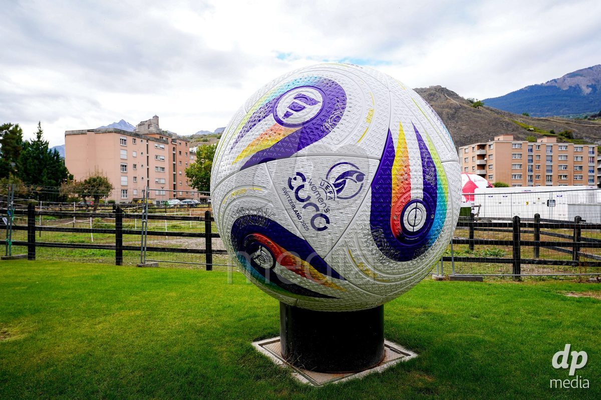 SION, SWITZERLAND - OCTOBER 13: General view of the UEFA Women's EURO Switzerland 2026 ball with Tourbillon Castle in the background, prior to the FIFA Women´s World Cup European Qualifiers match between Switzerland and Israel at Stade de Tourbillon on October 13, 2026 in Sion, Switzerland.