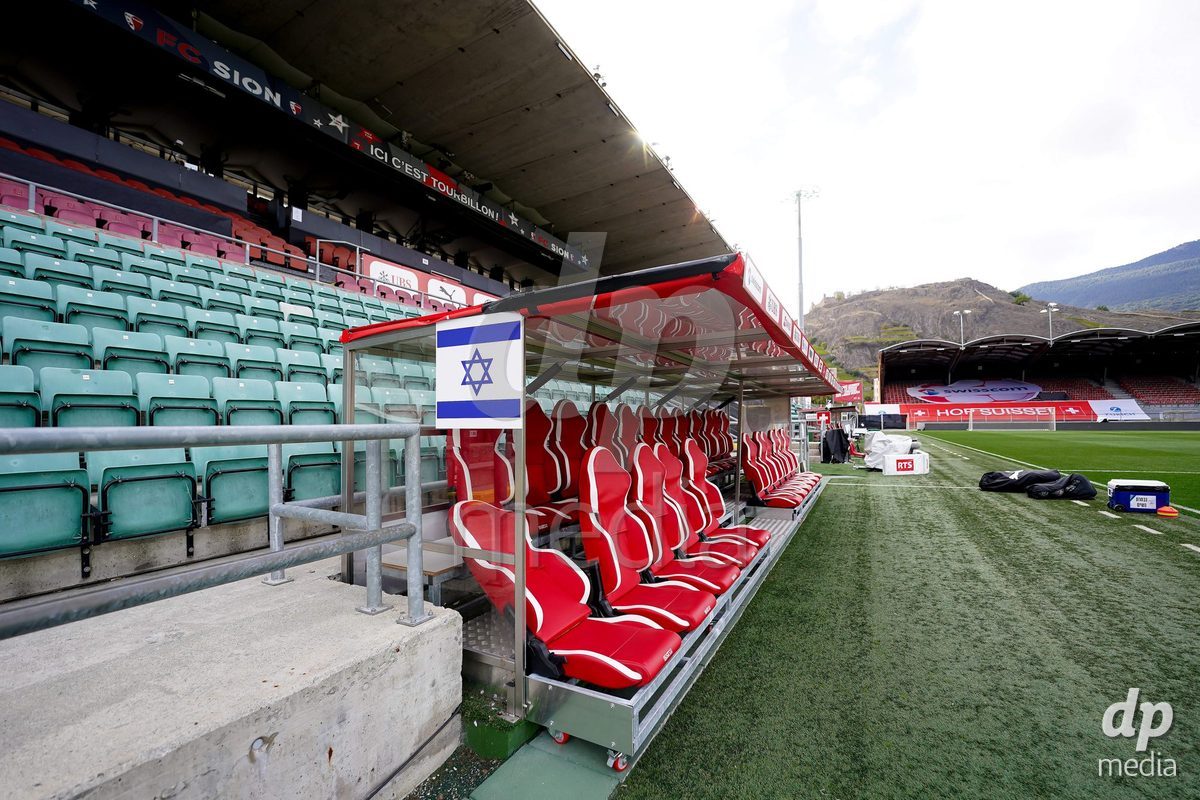 SION, SWITZERLAND - OCTOBER 13: General view of  Stade de Tourbillon with flag of Israel on players bench prior the FIFA Women´s World Cup European Qualifiers match between Switzerland and Israel at Stade de Tourbillon on October 13, 2026 in Sion, Switzerland.