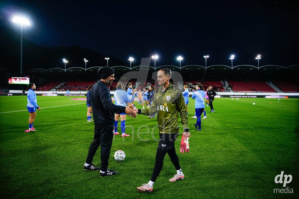 SION, SWITZERLAND - OCTOBER 13: Players of Israel warming up during the FIFA Women´s World Cup European Qualifiers match between Switzerland and Israel at Stade de Tourbillon on October 13, 2026 in Sion, Switzerland.