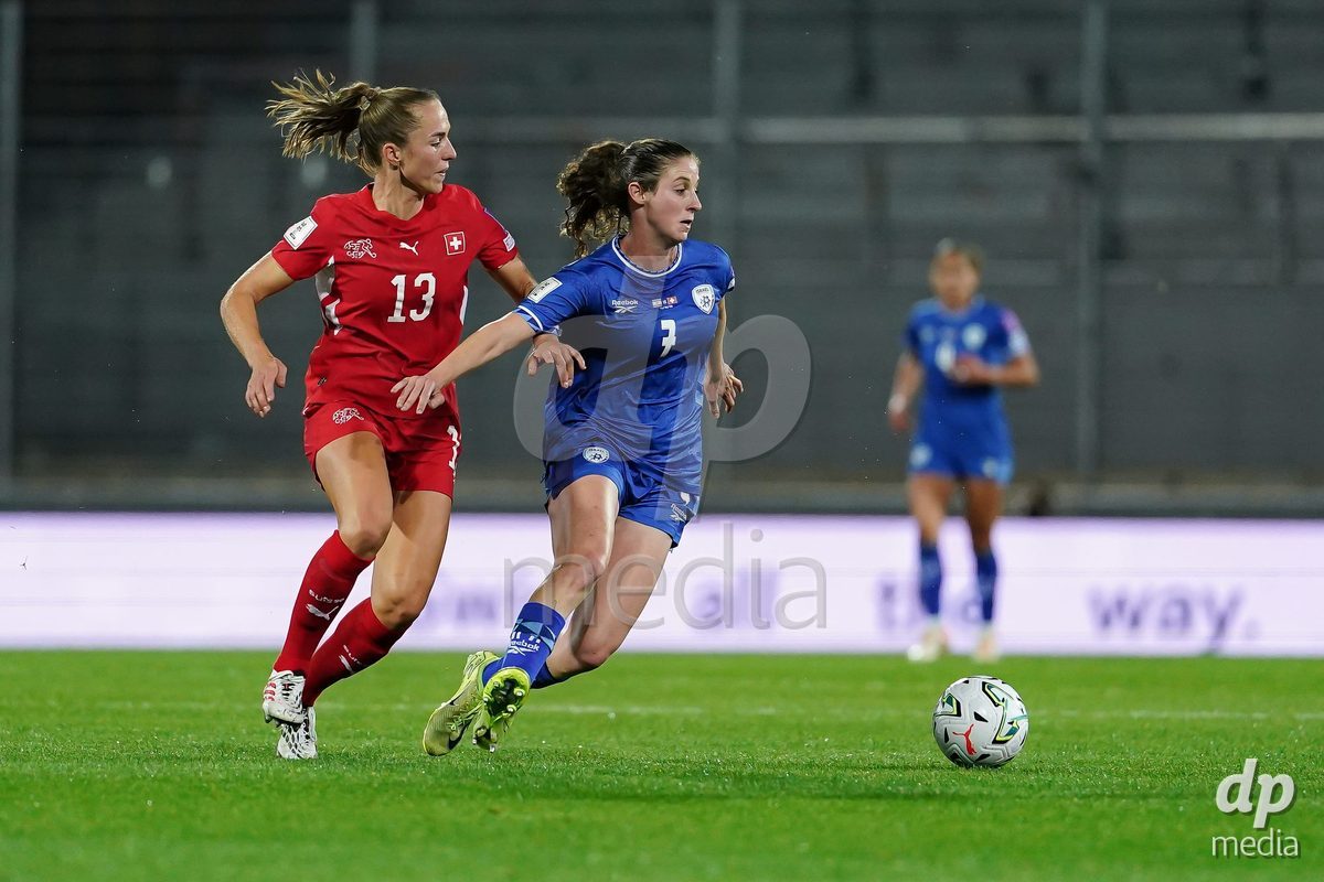 SION, SWITZERLAND - OCTOBER 13: Talia Sommer of Israel and Lia Walti of Switzerland battle for the ball during the FIFA Women´s World Cup European Qualifiers match between Switzerland and Israel at Stade de Tourbillon on October 13, 2026 in Sion, Switzerland.