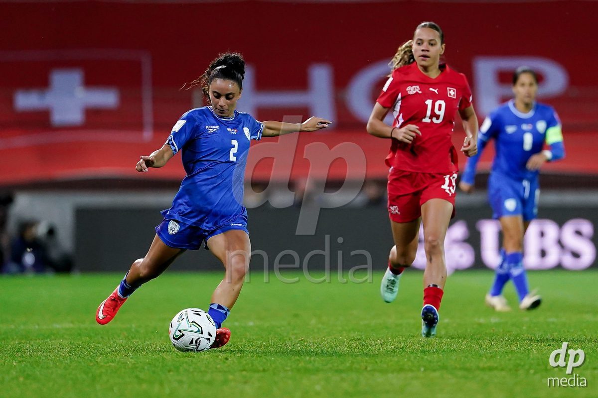 SION, SWITZERLAND - OCTOBER 13: Hili Shalom of Israel controls the ball during the FIFA Women´s World Cup European Qualifiers match between Switzerland and Israel at Stade de Tourbillon on October 13, 2026 in Sion, Switzerland.